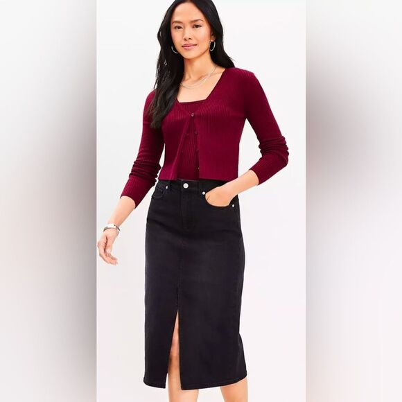 NWT Loft Black Denim Midi Skirt with Front Slit Size 2 - Picture 2 of 10